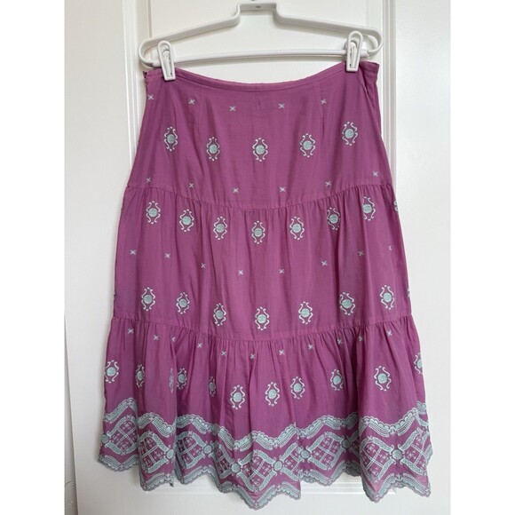 Tibi Women’s Cotton Silk Pink Embroidered Tiered‎ Scalloped Hem Skirt Sz 6 Lined - Picture 2 of 7